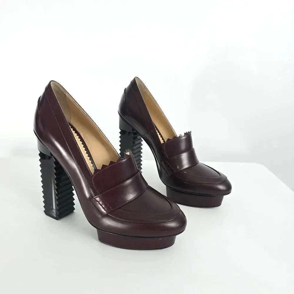 Aperlai High Heel Loafer Lucite Zig Zag Heel Platform Oxblood Burgundy Size 38